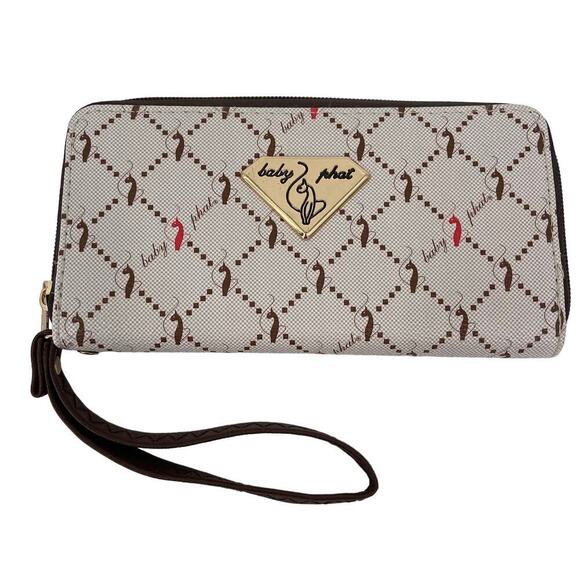 Baby Phat Zip Around Wristlet Wallet Faux Leather Beige Brown Cats Novelty Print - Picture 1 of 8
